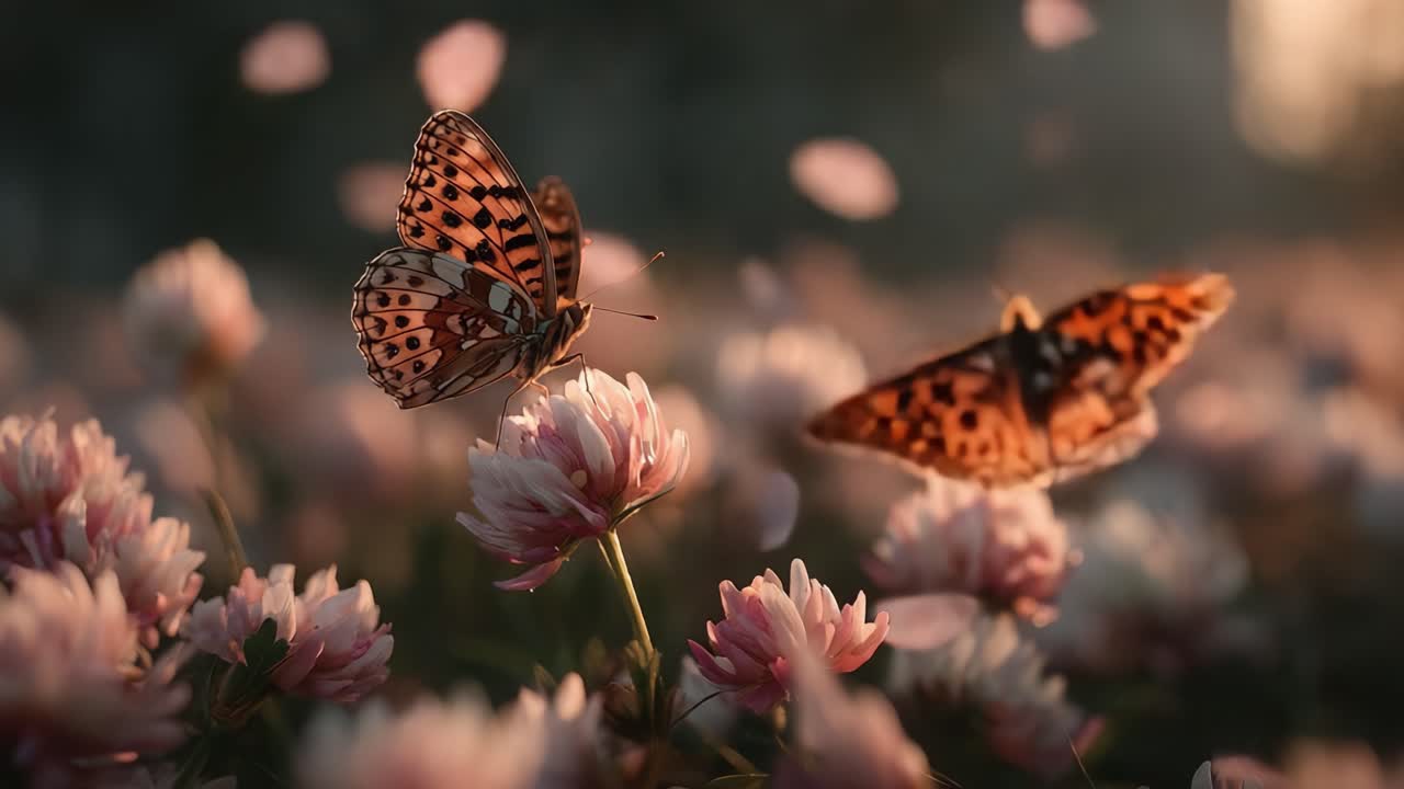 A Serene Moment in Nature: Beautiful Butterflies Interacting Among Blossoming Flowers at Dusk, Capturing the Essence of Spring's Delicate Beauty