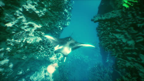 manta ray swimming through coral reef