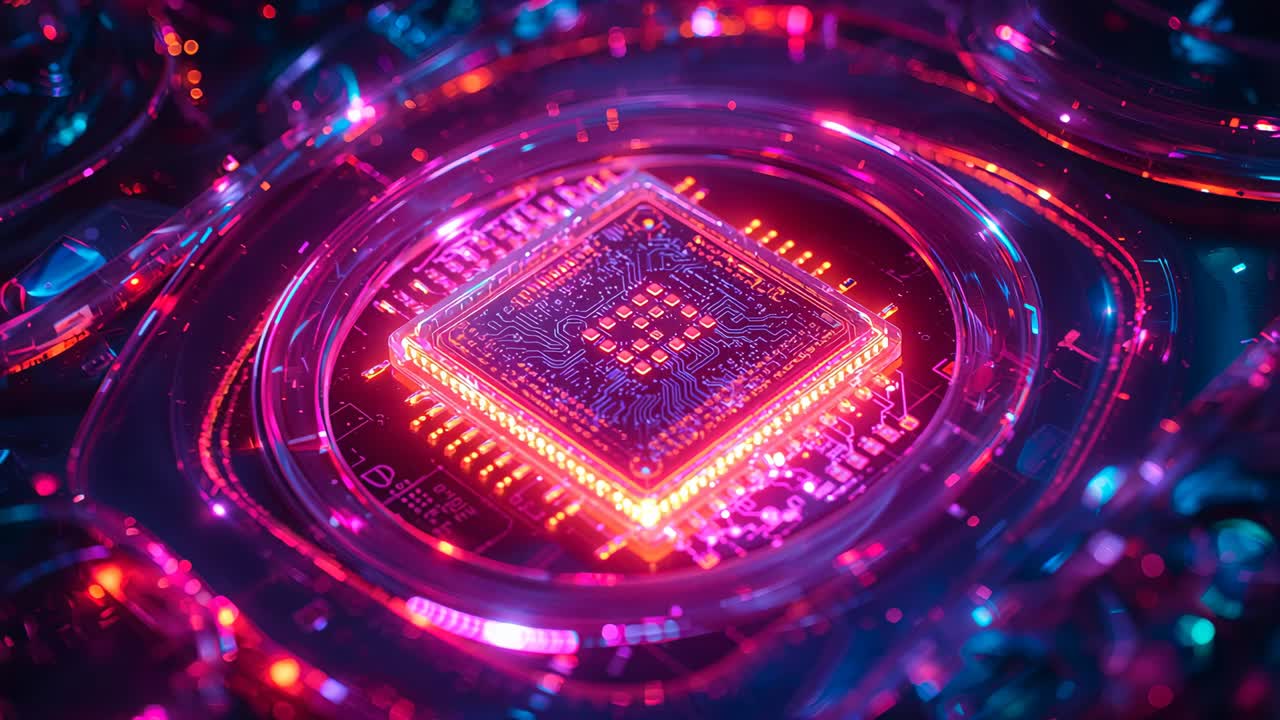 Square microprocessor chip emitting pink glow, ramping up LED lights on PCB, pulsing through traces