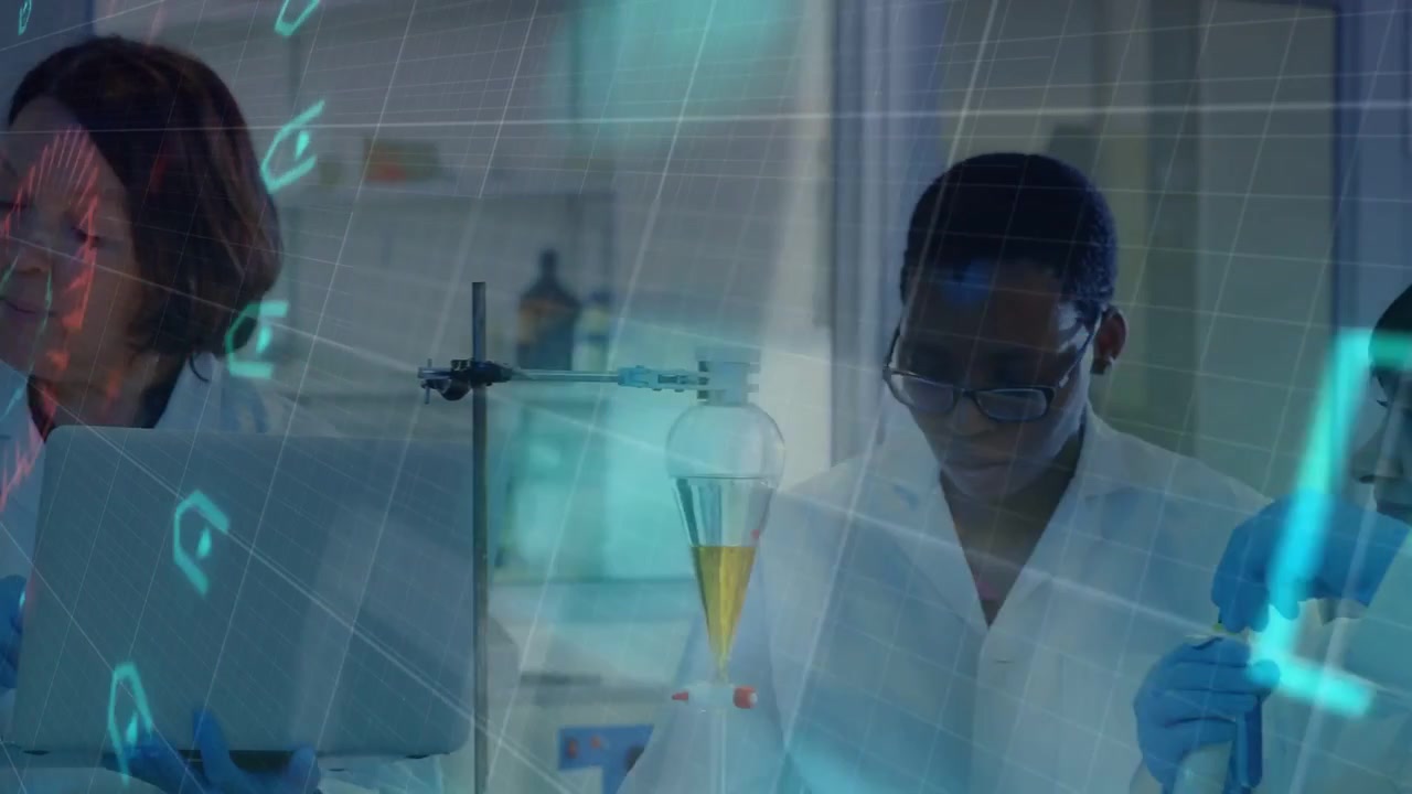 Vertical video: Protocol starting team in white coats using pipette at lab bench for assay, HUD