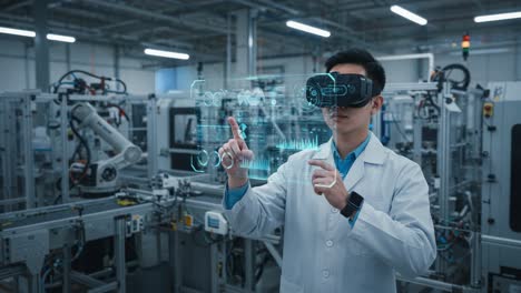 innovative scientist utilizing virtual reality technology to analyze data in a high-tech laboratory setting with advanced robotics and digital interfaces