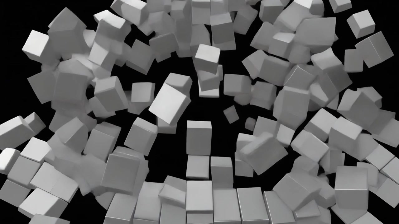 Abstrakt animation af hvide kuber, der eksploderer mod en sort baggrund