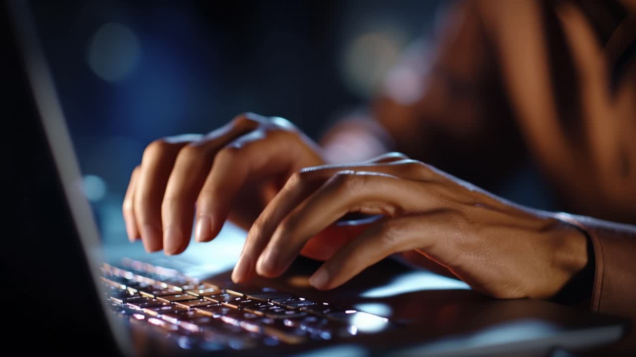 Focused hands typing on a laptop keyboard, showcasing the act of writing or working diligently in a dimly lit environment with a modern aesthetic