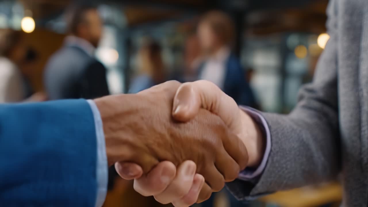 A Close-Up of a Firm Handshake Between Two Professional Men Signifying Agreement, Partnership, and Collaboration in a Business Environment
