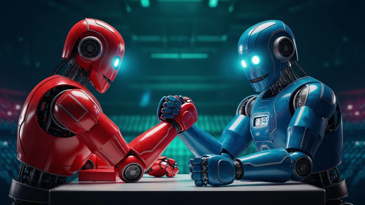 A thrilling showdown unfolds as two robotic competitors engage in an intense arm-wrestling match, showcasing technology and strength in a futuristic arena.