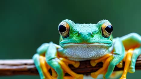 a green frog sitting on top of a tree branch