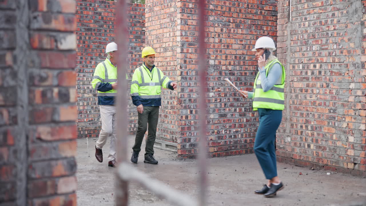Construction workers inspecting a brick wall building