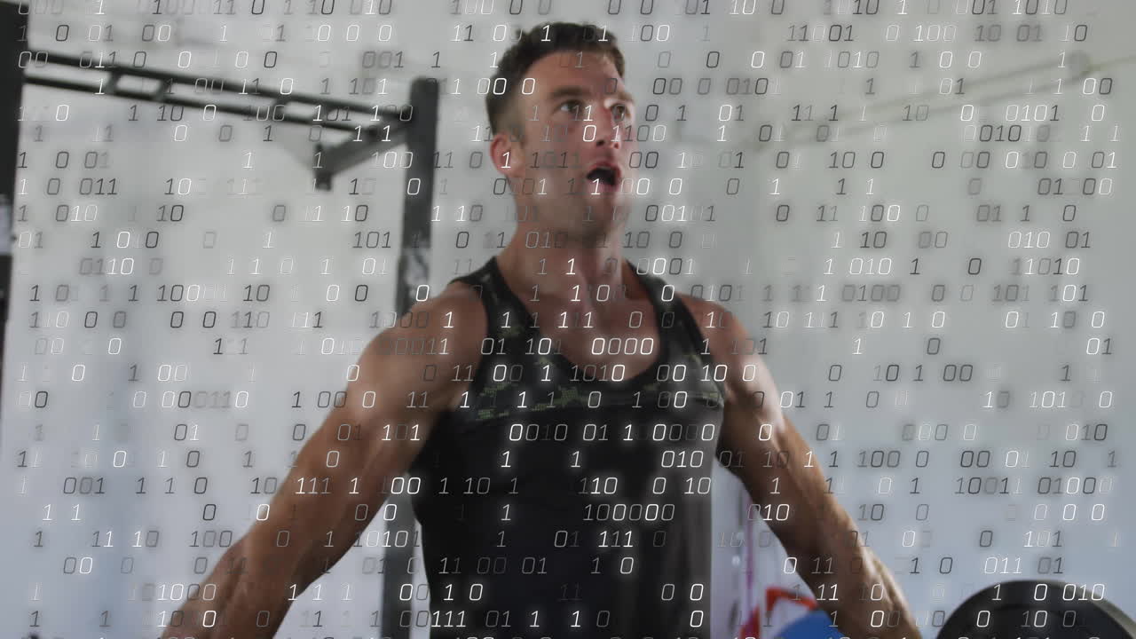 Man exercising with binary code animation overlay in gym setting