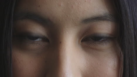 close up beautiful asian woman eyes opening awake looking at camera aware