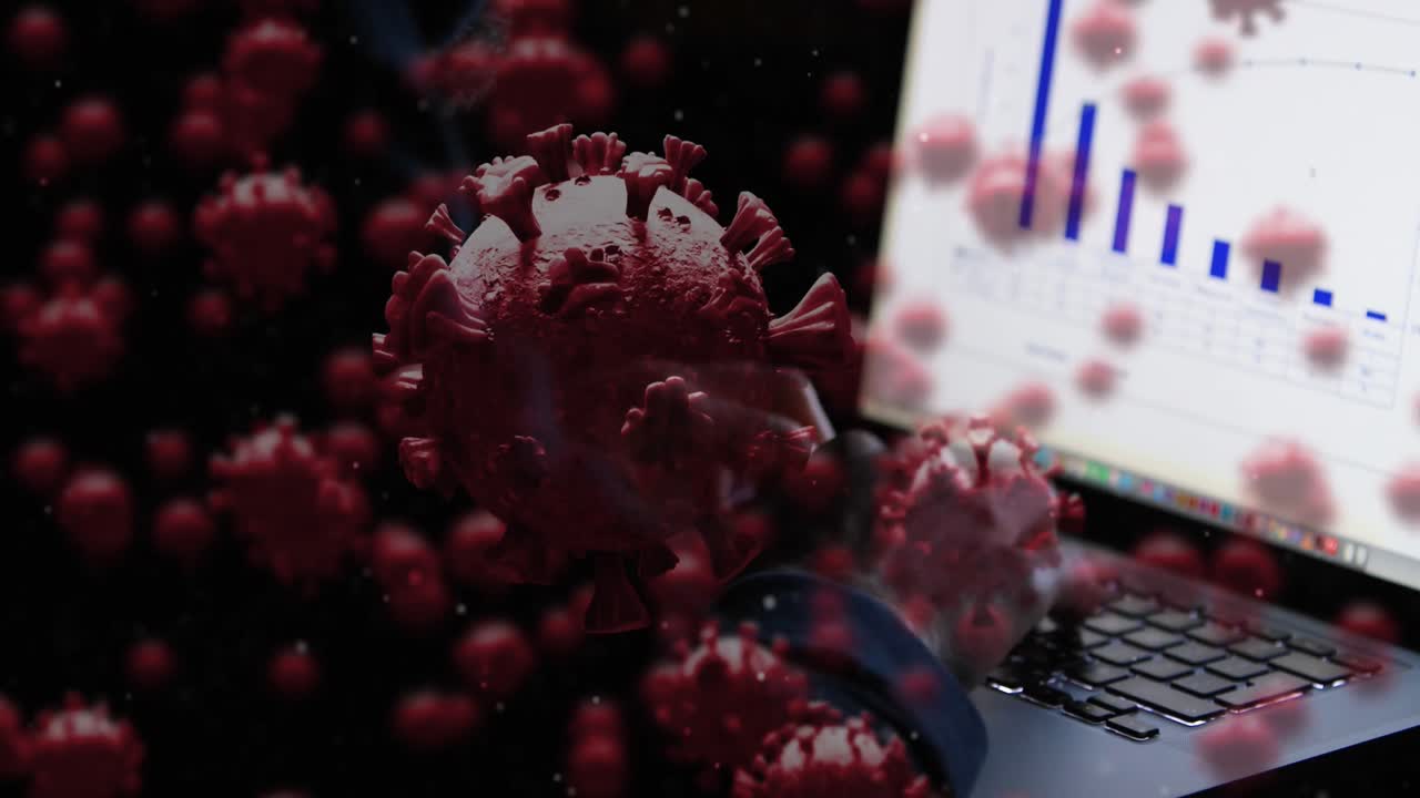 animación de un hacker encapuchado en una computadora sobre un macro coronavirus covid-19 célula flotante