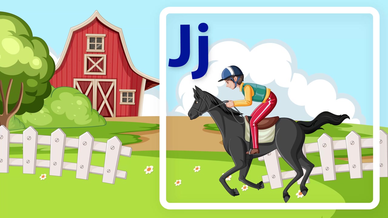 Cartoon jockey riding a horse appears with letter J and word jockey on farm background.