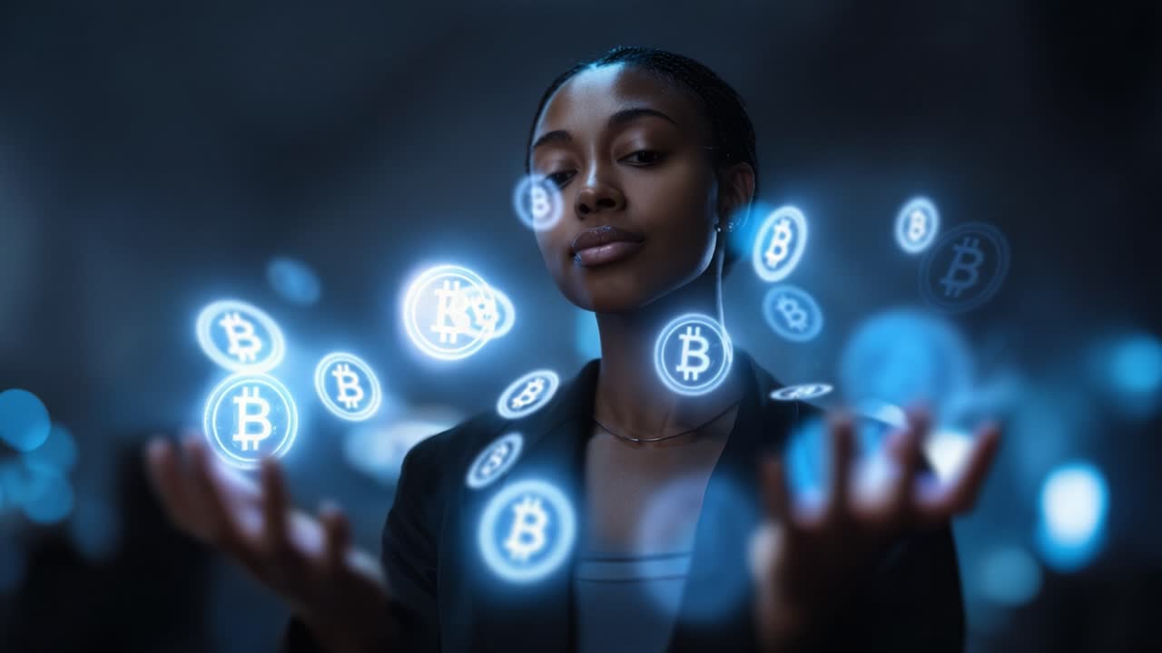 Uma mulher confiante está em meio a símbolos de Bitcoin brilhantes, incorporando a fusão de tecnologia e finanças, e mostrando o impacto da criptomoeda no mundo moderno