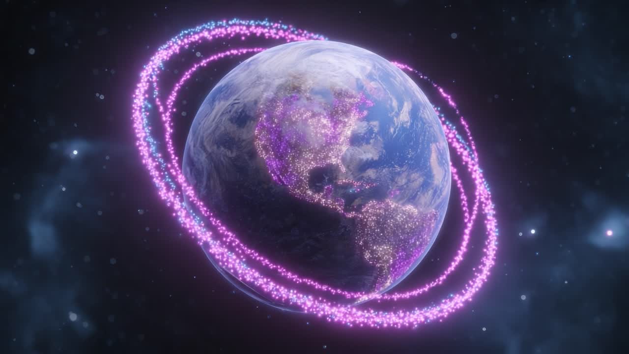 A Vibrant Visualization of Earth Surrounded by Dynamic Orbiting Energy Rings, Showcasing a Colorful Cosmic Landscape Full of Stars and Galactic Wonders in Stunning Detail
