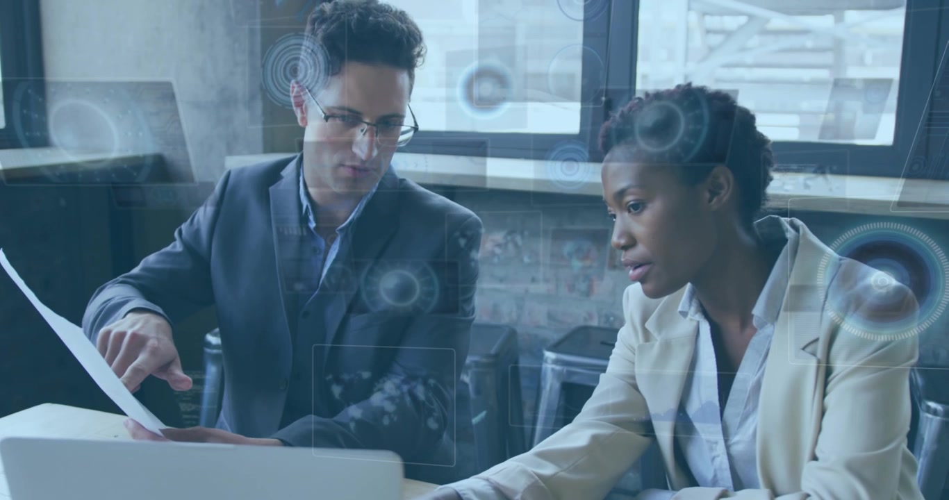 Business Professionals Collaborating on Project with Digital Data Overlays