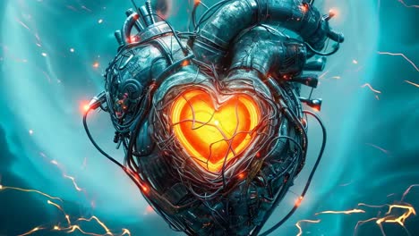 a heart shaped robot with a glowing heart inside of it