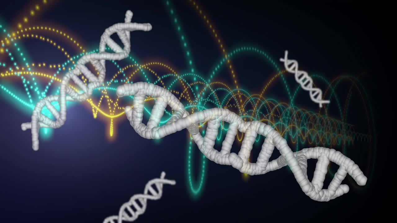 Animation of dna strands, light trails and data processing over dark background