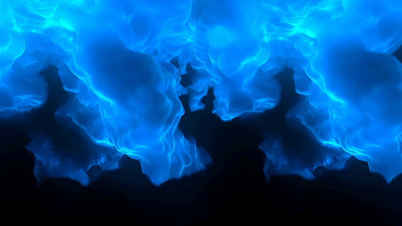 Une fumée bleue abstraite et dramatique, semblable à du feu, se propage sur la partie supérieure d'un fond noir foncé, créant une canopée texturée lumineuse avec des reflets vifs.