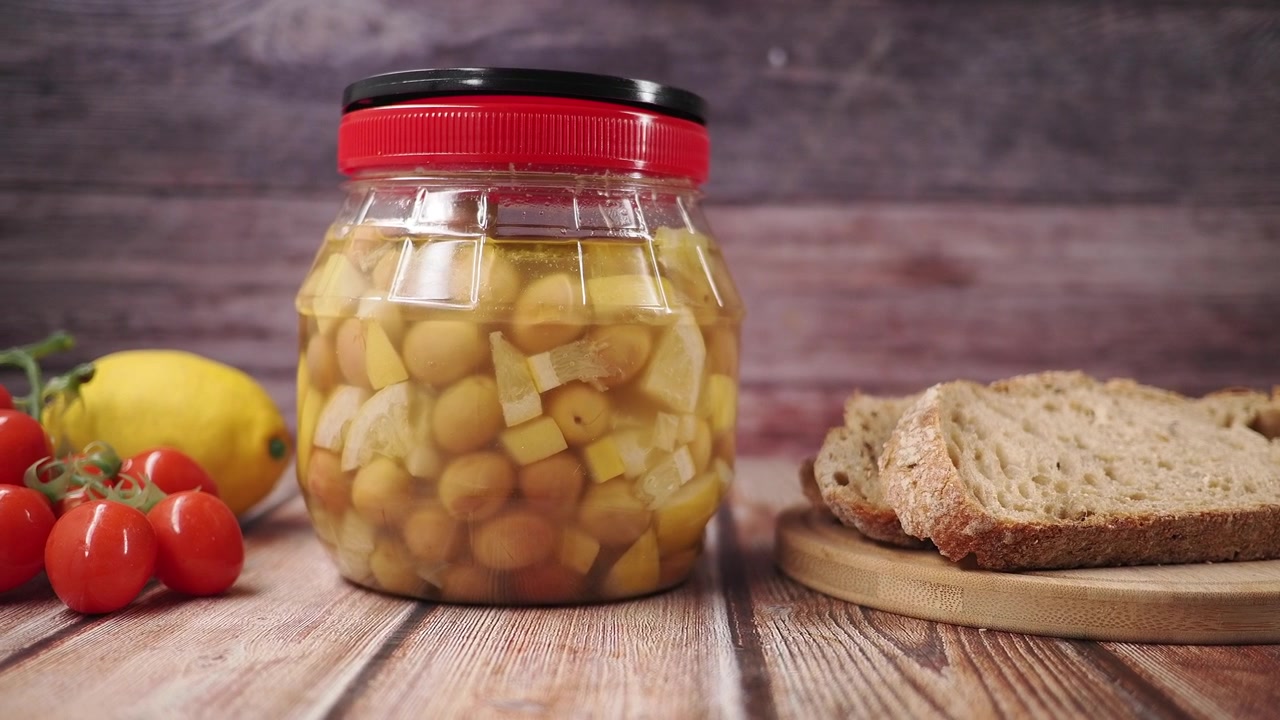 Tarro de aceitunas encurtidas con rodajas de limón y pan