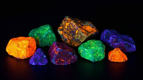 a stunning collection of fluorescent minerals glowing under ultraviolet light, showcasing their vibrant hues and intricate textures against a dark background