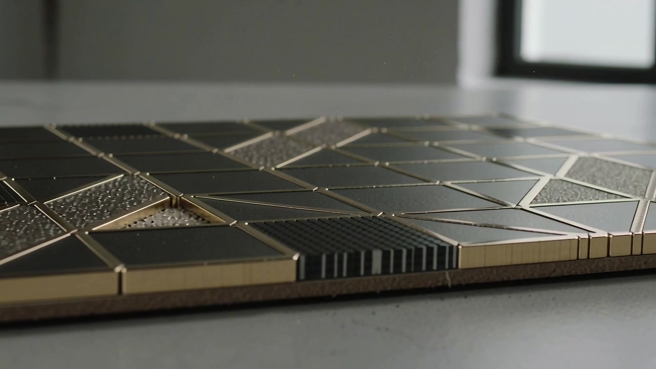 Panning camera revealing decorative tile board on table by tall window, highlighting gold edges