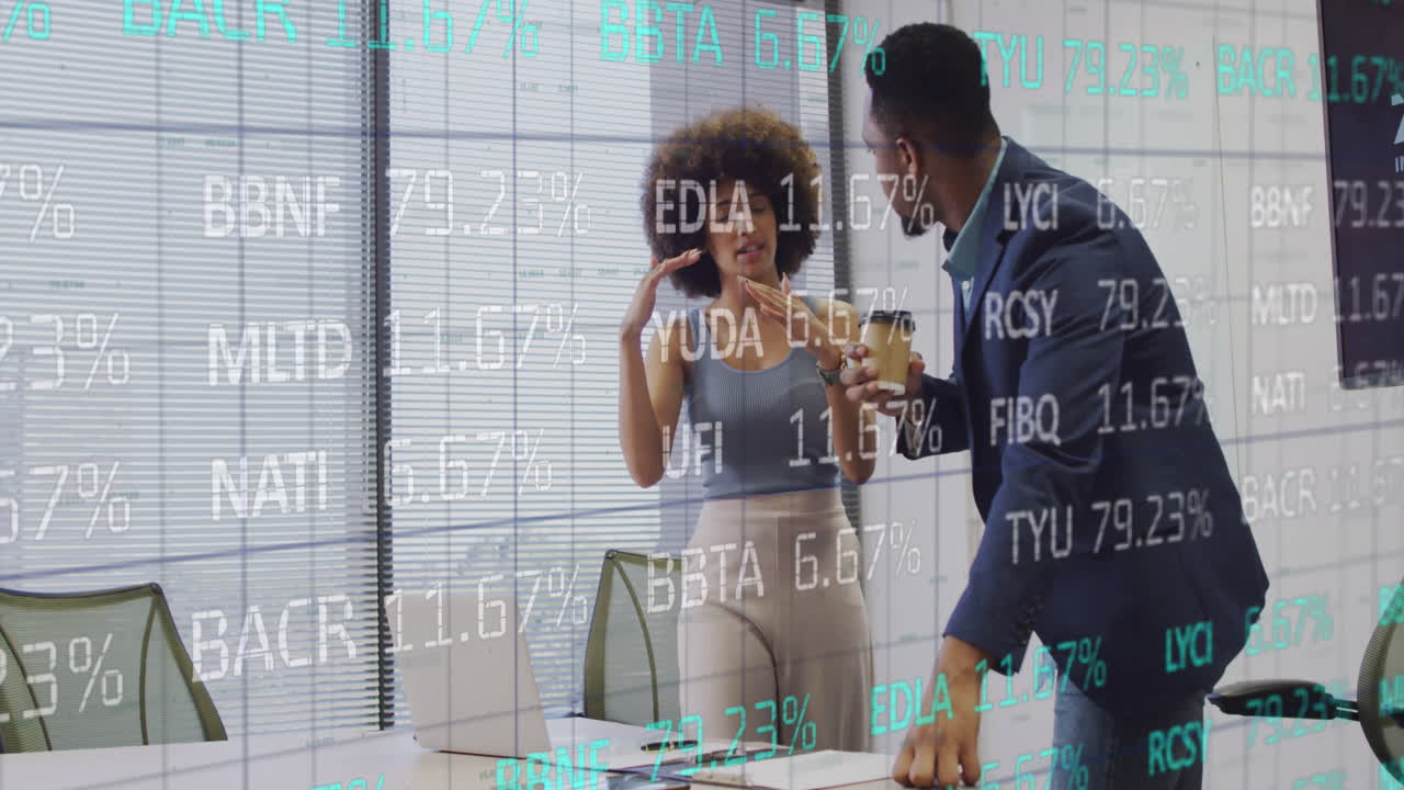 Animation of trading board over diverse coworkers discussing reports on laptop and drinking coffee