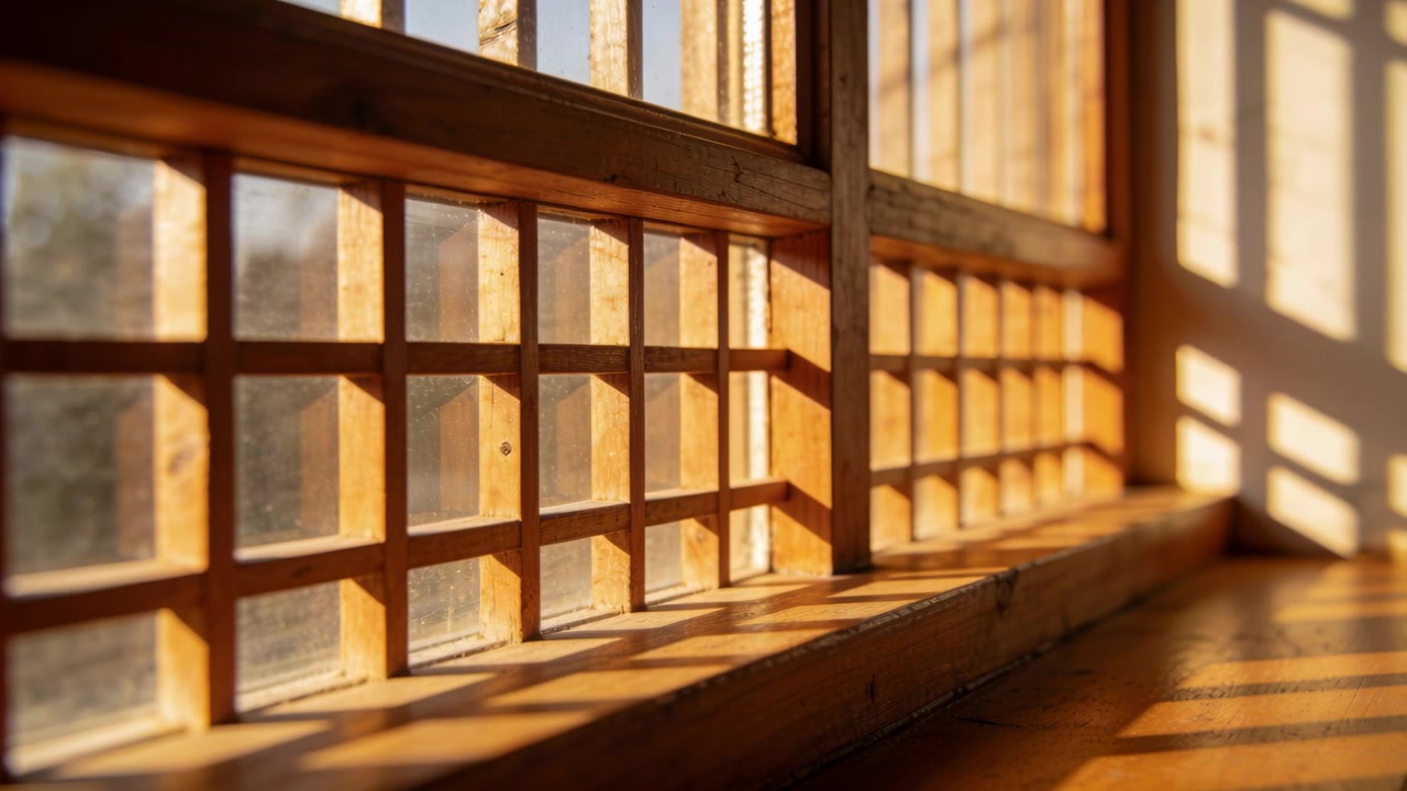 Sunlight shifting, lattice window, sill casting grid shadows at sunset, camera focusing, copy space