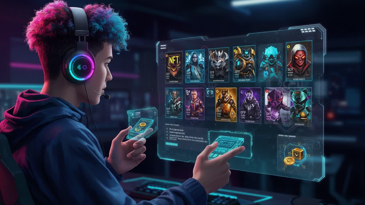 Engaging Gamer Analyzes Digital Assets in Virtual Marketplace with Futuristic UI, Showcasing NFT Characters and Strategic Gameplay Elements in Cyber Environment