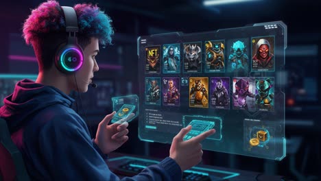 engaging gamer analyzes digital assets in virtual marketplace with futuristic ui, showcasing nft characters and strategic gameplay elements in cyber environment