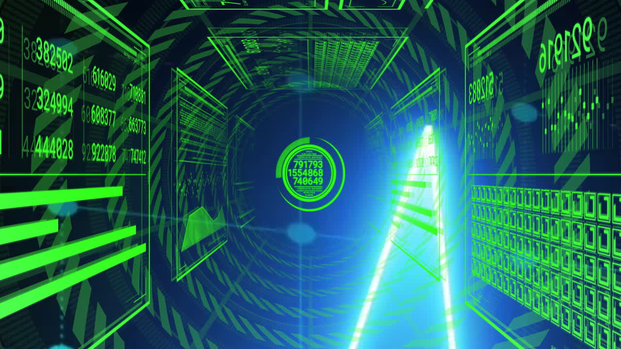 Glowing green numbers and data projections creating animation in digital tunnel