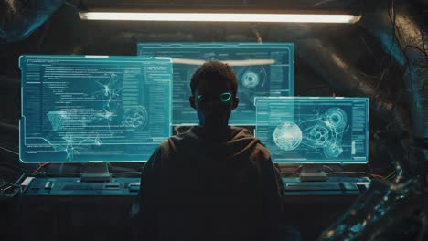 cyberpunk hacker coding in a futuristic environment
