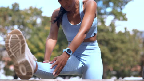 fitness, outdoor and woman stretching legs