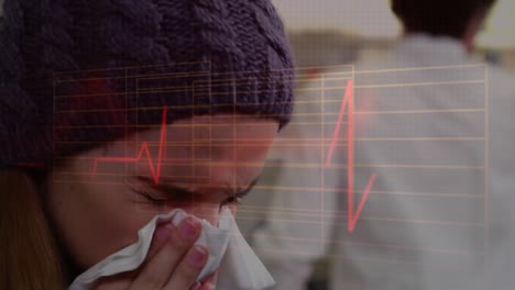 Woman-blowing-nose--over-a-heartbeat-monitor-in-the-background.-Covid-19-spreading.