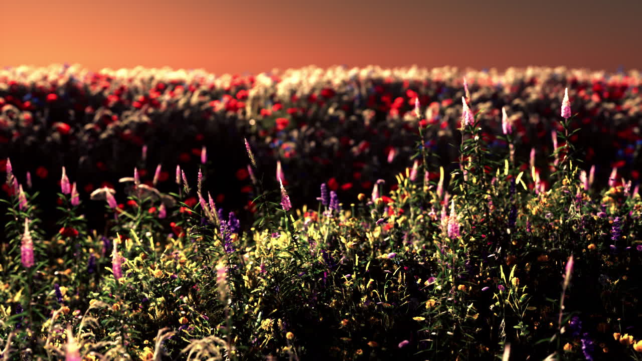 Field with flowers during summer sundown