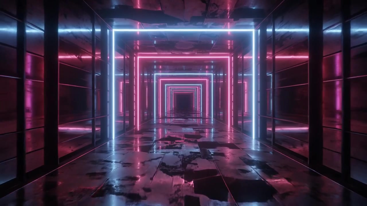 Corridoio Futuristico con Luci al Neon Rosa e Blu Luminose