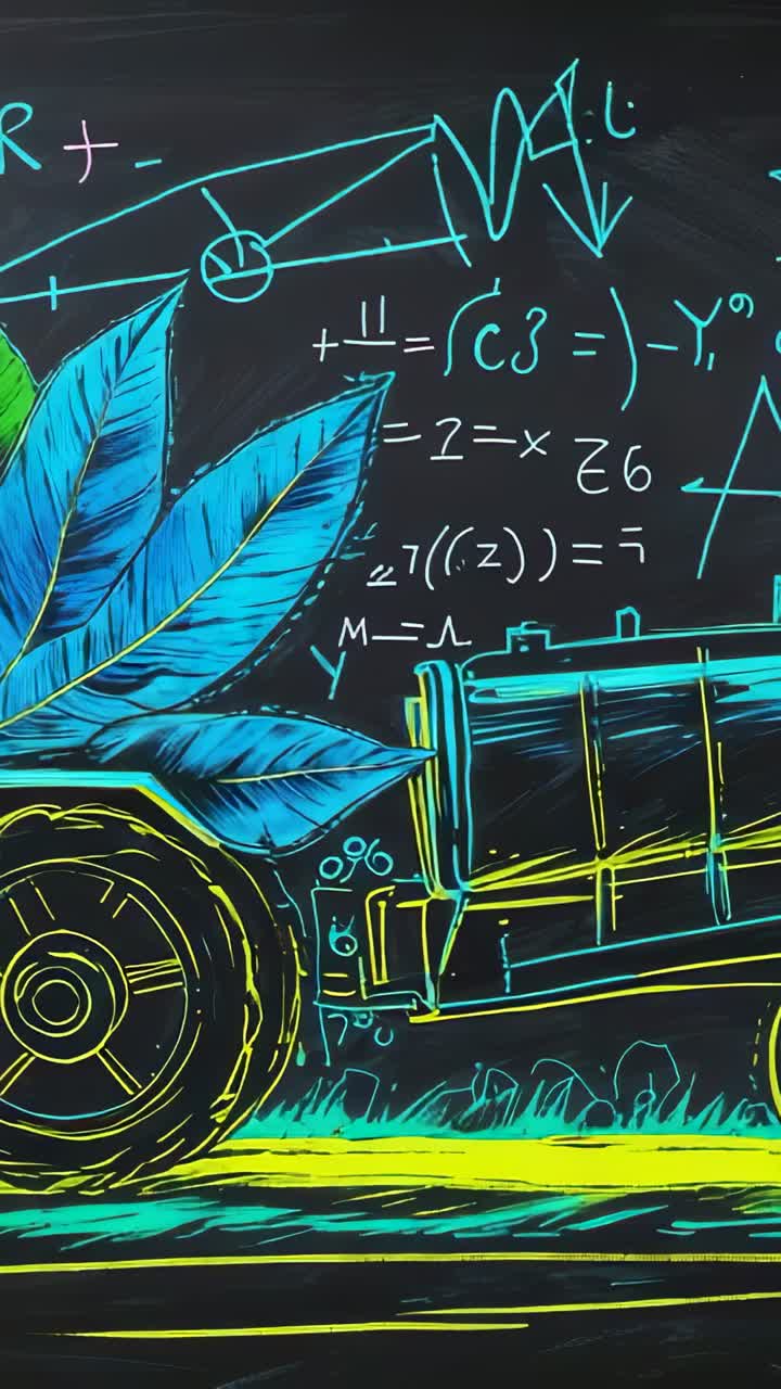 Vertical video: Timer driving neon color shifting on chalkboard truck and leaf at studio, math