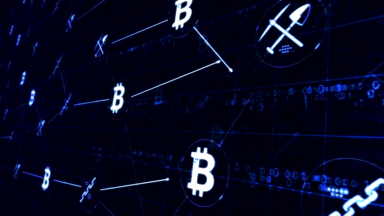 símbolos de bitcoin en la habitación de los servidores en el bucle de fondo