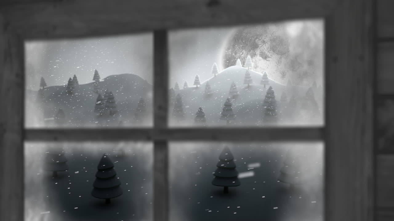 밤 하늘의 달에 대한 겨울 풍경 위에 내리는 눈에 대한 나무 창문 프레임