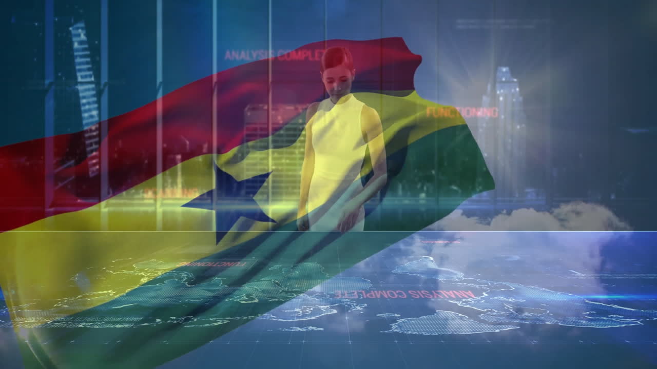 Businesswoman analyzing digital data with Ghana flag overlay in school setting