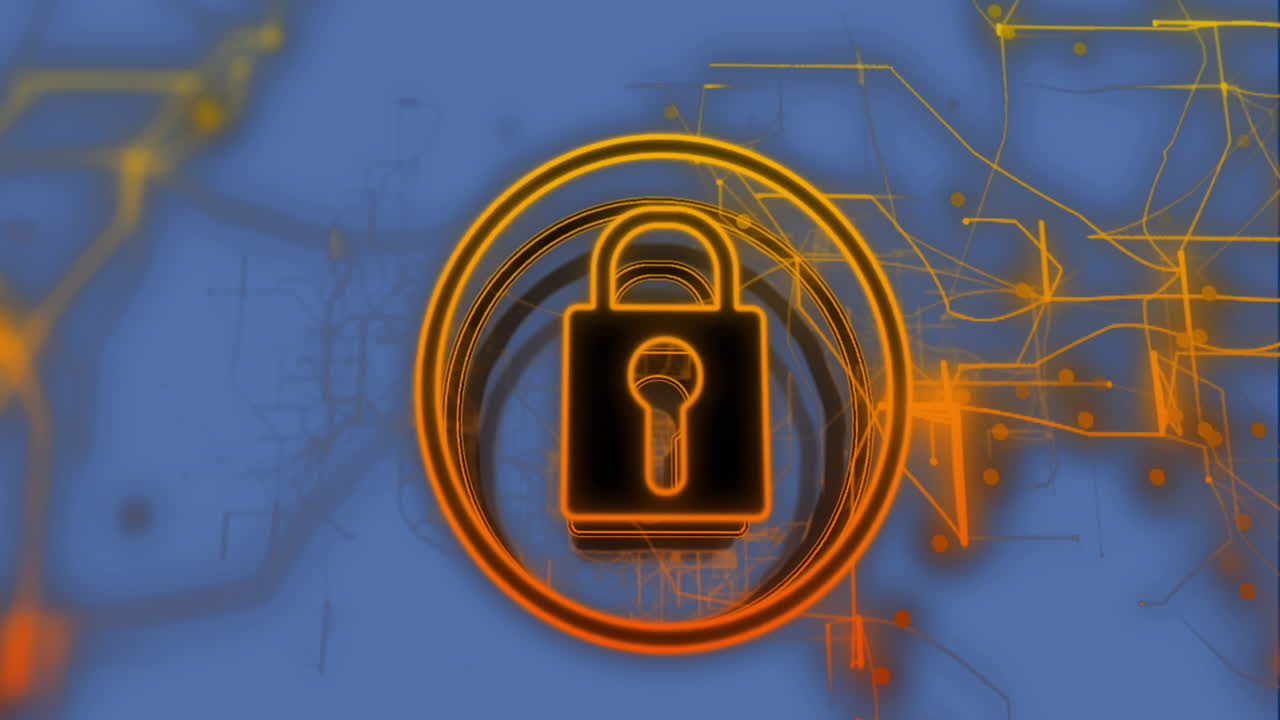 animación del icono del candado y procesamiento de datos sobre fondo azul.