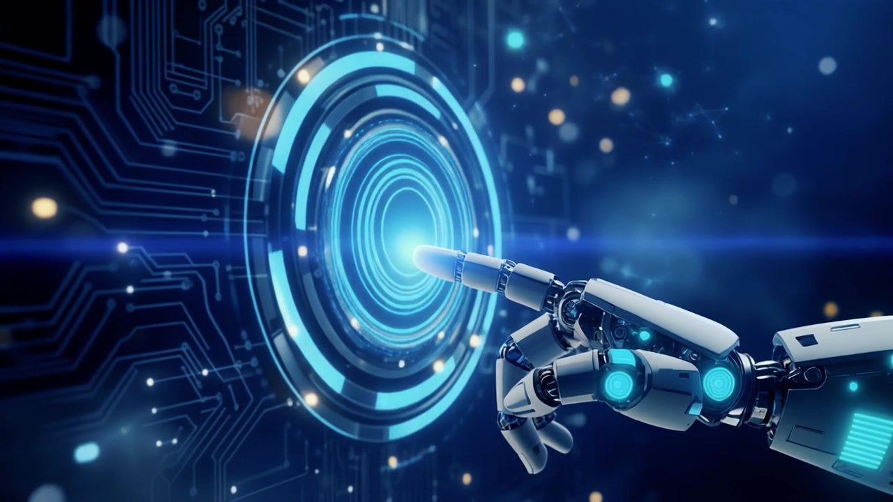 Robotic Hand Touching a Glowing Digital Interface
