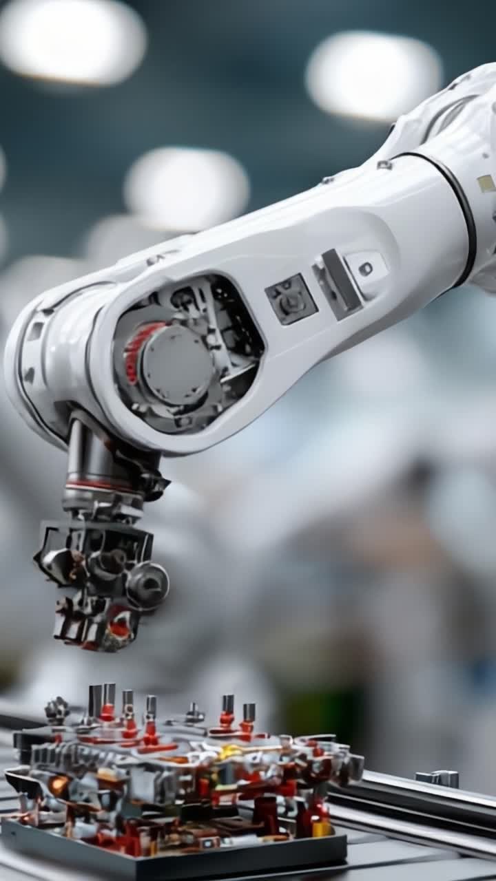 Avanceret robotarm udfører præcisionsmonteringsopgaver i et moderne industrielt miljø med topmoderne automationsteknologi, der forbedrer produktionseffektiviteten.