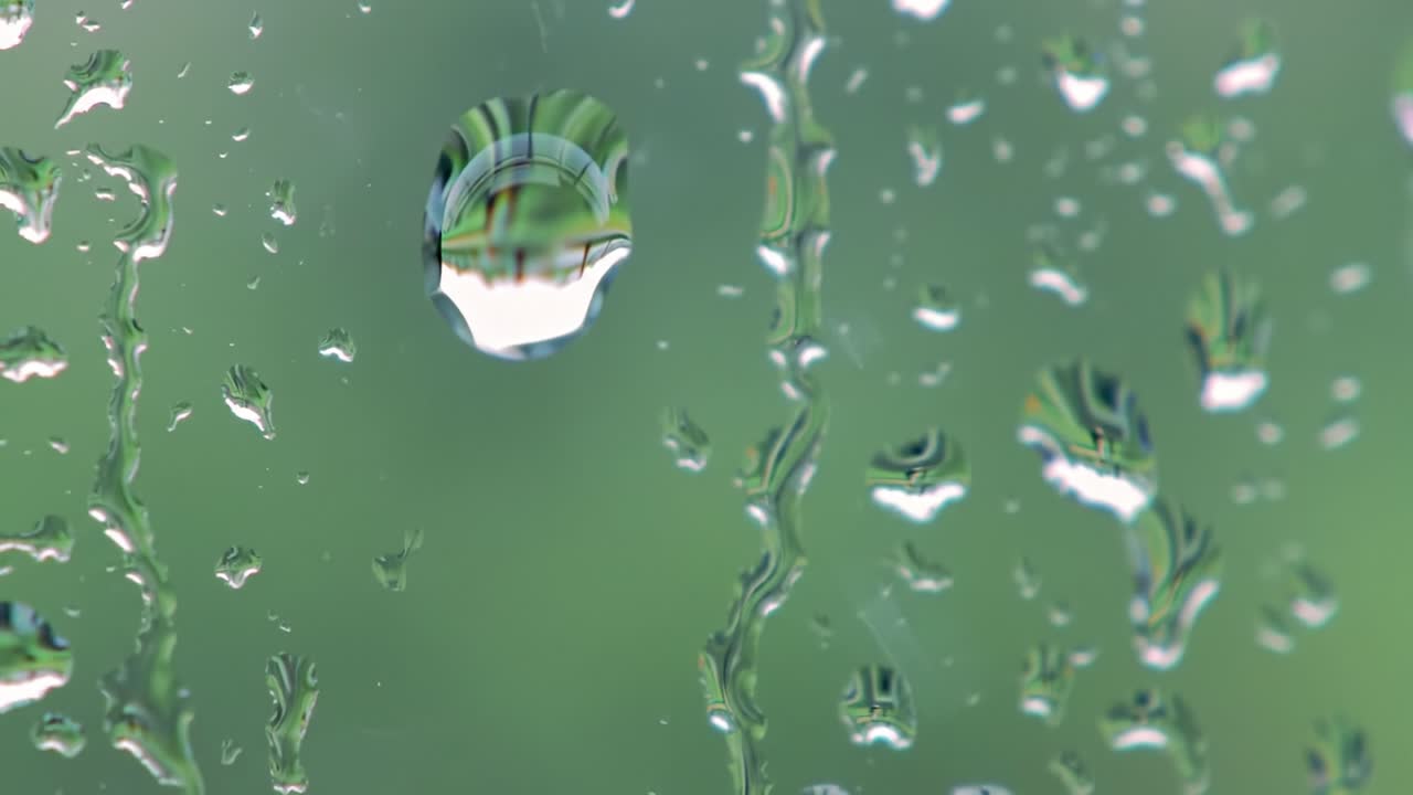 Captivating Water Droplets Gracefully Adorn a Window, Creating an Ethereal Illusion with Reflections of Vibrant Greenery Behind, Evoking Serenity and Calmness