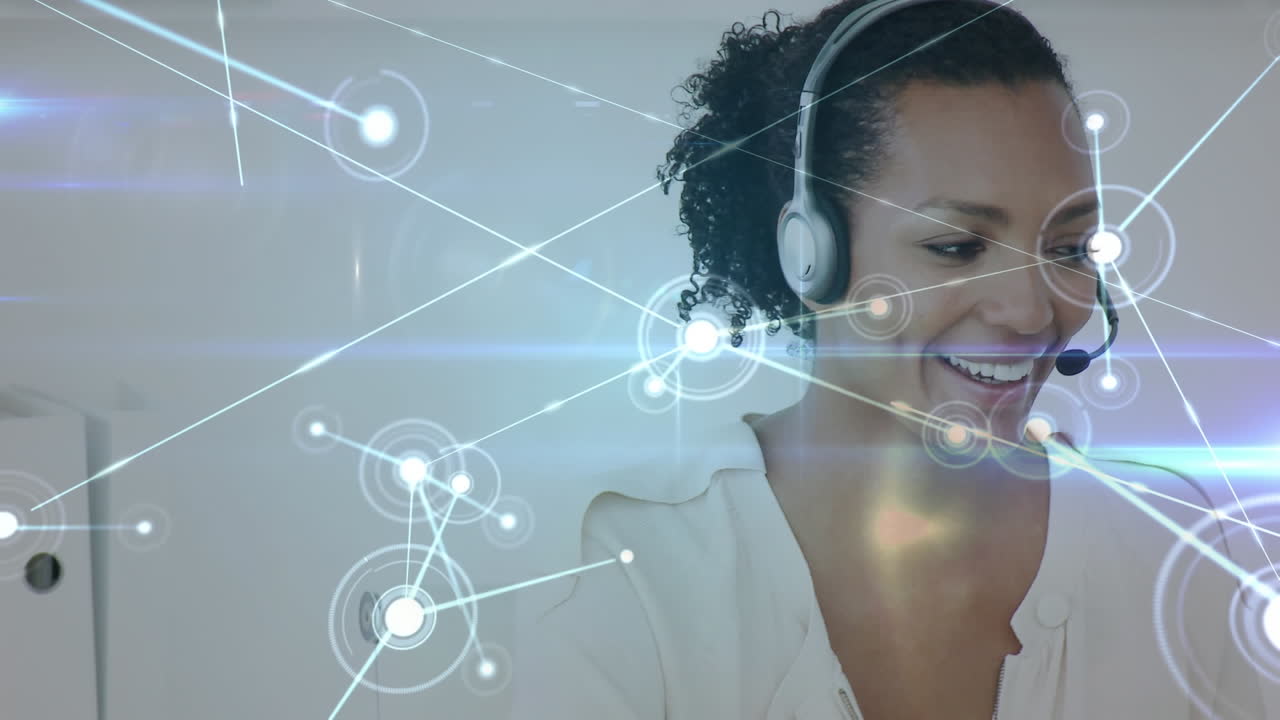 Animação de redes de conexões sobre empresária usando fones de ouvido