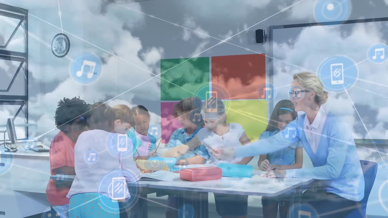 animación de una red de conexiones entre diversos grupos de alumnos con una maestra