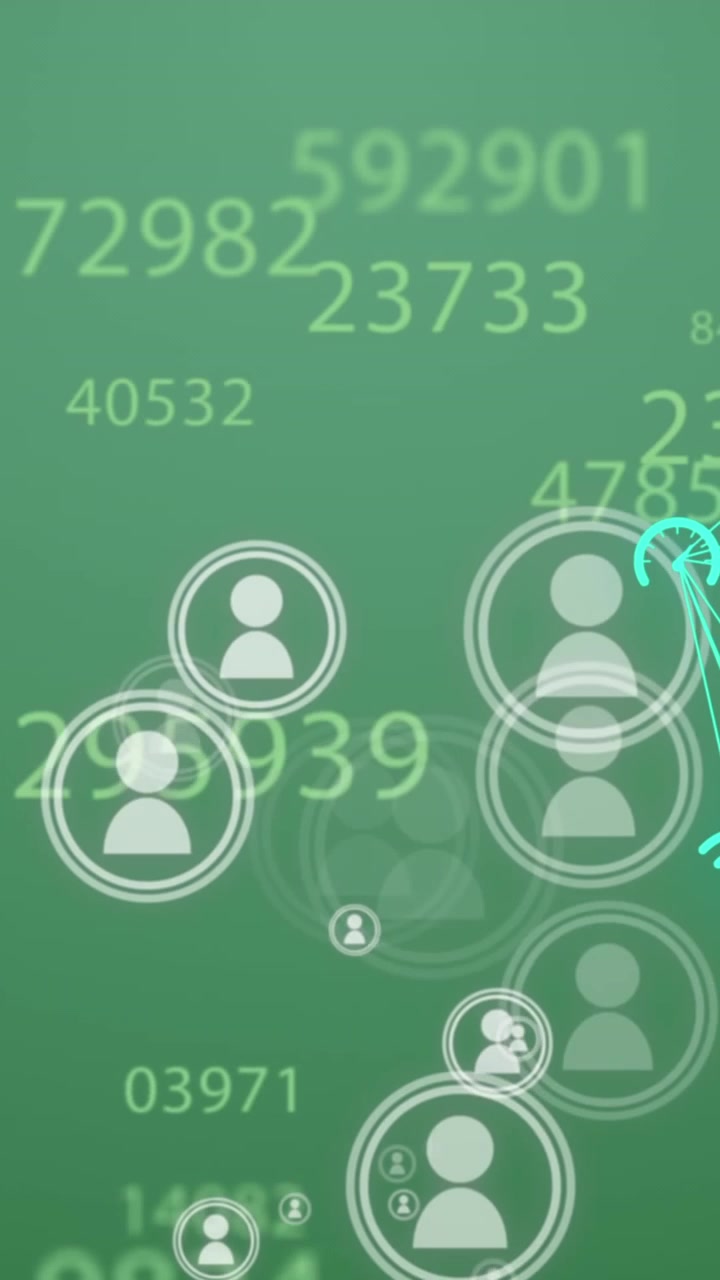 Animación de números cambiantes, iconos de perfil, globos giratorios de iconos digitales sobre fondo verde