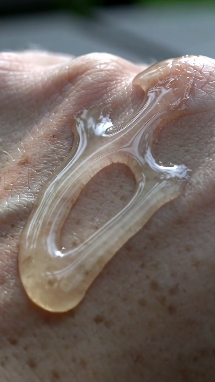 Video verticale: Si forma una cupola di gel ambrato che si estende sul dorso di una mano con lentiggini, sotto il portico per gravità.