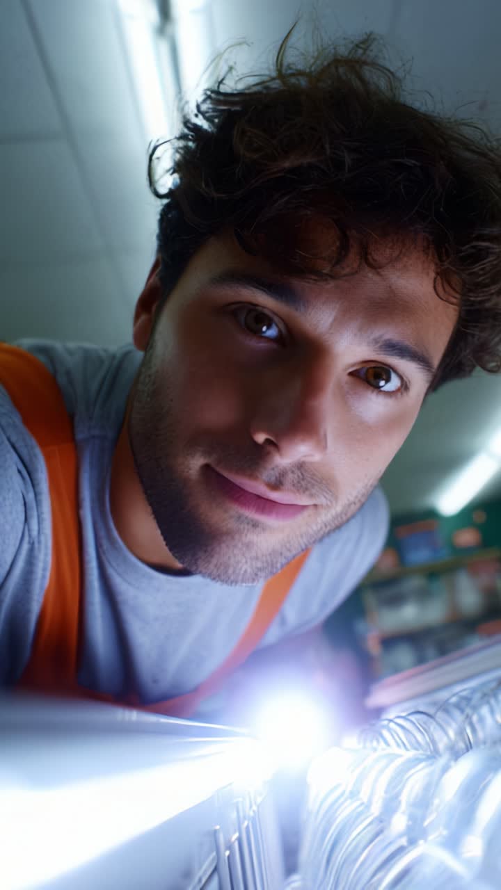 A Smiling Young Man Illuminating a Space While Working with Inspection Lighting in a Store Environment, Captured in Two Frames from a Video Sequence