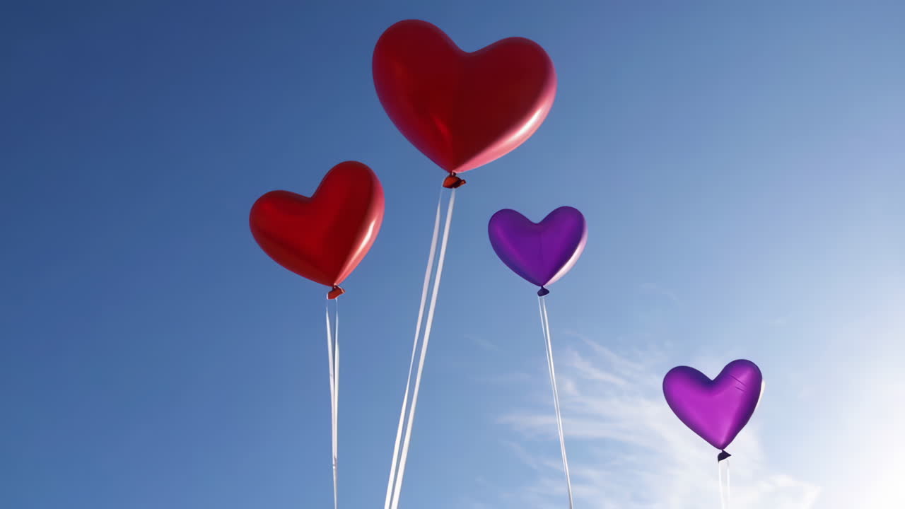 Heart-shaped balloons floating in a clear blue sky