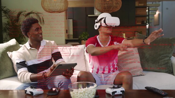 Uomo a sinistra che tocca il tablet e inizia a giocare, mentre un utente VR con visore afferra oggetti VR.