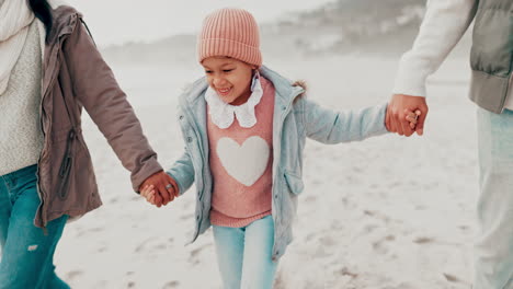 family, holding hands and happy girl child
